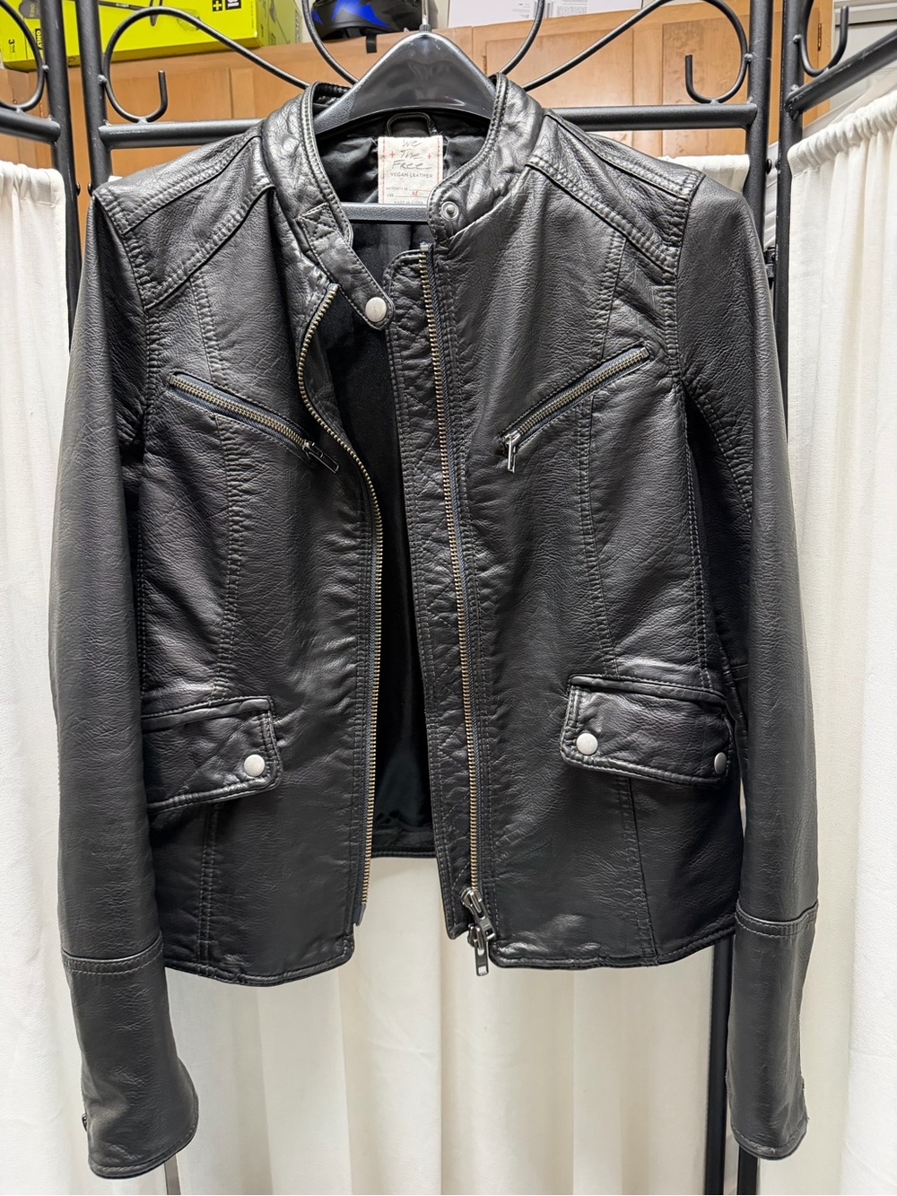 We The Free Black Leather Moto Jacket with Zipper Details